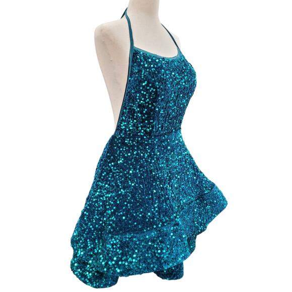 NWT Teal Halter Scoop Neck Sequin Short Dress - Picture 4 of 13